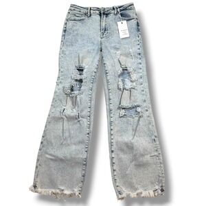 Risen Jeans Size 9/29 Distressed High Rise Ankle Straight‎ Denim NWT Acid Light